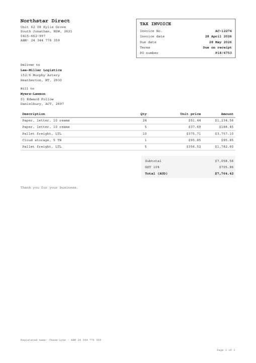 Sample emailed pdf invoice from the test set